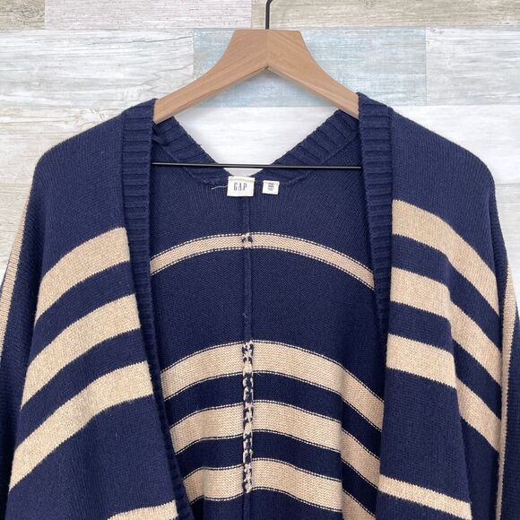 GAP Striped Poncho Sweater Navy Blue Tan Wool Camel Hair Womens OS One Size - Picture 2 of 9